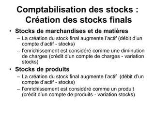 Comptabilisation des stocks :
Création des stocks finals
• Stocks de marchandises et de matières
– La création du stock final augmente l’actif (débit d’un
compte d’actif - stocks)
– l’enrichissement est considéré comme une diminution
de charges (crédit d’un compte de charges - variation
stocks)
• Stocks de produits
– La création du stock final augmente l’actif (débit d’un
compte d’actif - stocks)
– l’enrichissement est considéré comme un produit
(crédit d’un compte de produits - variation stocks)
 