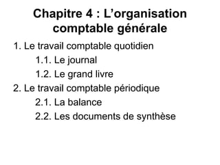 Chapitre 4 : L’organisation
comptable générale
1. Le travail comptable quotidien
1.1. Le journal
1.2. Le grand livre
2. Le travail comptable périodique
2.1. La balance
2.2. Les documents de synthèse
 