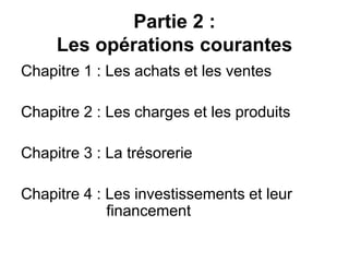 Partie 2 :
Les opérations courantes
Chapitre 1 : Les achats et les ventes
Chapitre 2 : Les charges et les produits
Chapitre 3 : La trésorerie
Chapitre 4 : Les investissements et leur
financement
 