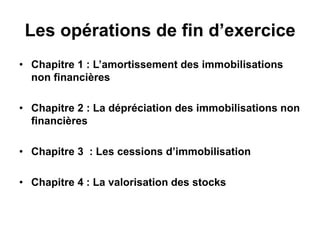 Les opérations de fin d’exercice
• Chapitre 1 : L’amortissement des immobilisations
non financières
• Chapitre 2 : La dépréciation des immobilisations non
financières
• Chapitre 3 : Les cessions d’immobilisation
• Chapitre 4 : La valorisation des stocks
 