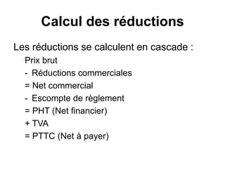 Calcul des réductions
Les réductions se calculent en cascade :
Prix brut
- Réductions commerciales
= Net commercial
- Escompte de règlement
= PHT (Net financier)
+ TVA
= PTTC (Net à payer)
 