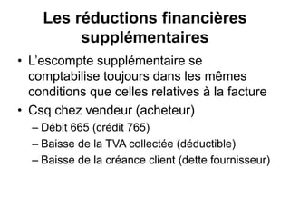 Les réductions financières
supplémentaires
• L’escompte supplémentaire se
comptabilise toujours dans les mêmes
conditions que celles relatives à la facture
• Csq chez vendeur (acheteur)
– Débit 665 (crédit 765)
– Baisse de la TVA collectée (déductible)
– Baisse de la créance client (dette fournisseur)
 