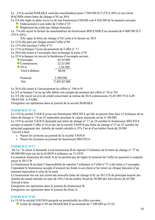Le 2/4 la société BARAKA vend des marchandises pour 3 560 DH H.T (TVA 20%) à son client
RACHID contre lettre de change n°93 au 30/4
Le 5/4 elle règle sa dette vis-à-vis de son fournisseur CHEMS soit 8 420 DH de la manière suivante
       Endossement à son ordre de l’effet n°23
       Règlement du solde par chèque bancaire
Le 7/4 elle reçoit la facture de marchandises du fournisseur BOUCHIB d’un montant de 6 000 DH H.T
(TVA 20%)
       Elle signe la lettre de change n°241 joint à la facture au 30/5
Le 15/4 elle paie par chèque postal l’effet n°44
Le 15/4 elle encaisse l’effet n°13
Le 17/4 sa banque l’avise du paiement de l’effet n° 17
Le 20/4 elle remet à l’escompte chez sa banque la traite n°91
Le 22/4 la banque lui envoie le bordereau d’escompte suivant :
       Escompte                         65,10 DH
       Commissions                      22,32 DH
       TVA                               1,56 DH
       Total à déduire                  88,98

       Nominal                     5 580 DH
       Net                         5 491,02 DH

Le 26/4 elle remet à l’encaissement les effets n° 194 et 91
Le 2/5 sa banque l’avise qu’elle débite son compte du montant des effets n° 54 et 241
Le 3/5 elle reçoit un avis de crédit concernant sa remise du 26/4 commissions 32,45 DH TVA 6,49
TRAVAIL A FAIRE
Enregistrer ces opérations dans le journal de la société BARAKA

EXERCICE N° 16
Le 13/9 la société TAOUS avise son fournisseur MECHTA qu’elle ne pourra faire face à l’échéance de la
lettre de change n° 14 au 25 septembre prochain la valeur nominale est de 4 100 DH
Le 15/9 la société TAOUS demande une lettre de change n° 17 au 25 octobre le fournisseur MECHTA
accepte et annule l’effet n°14 et tire sur la société TAOUS une lettre de change n°17 au 25 octobre du
principal augmenté des intérêts de retard calculés à 15% l’an et d’un timbre fiscal de 20 DH
 Travail à faire
     » Passer les écritures au journal de la société TAOUS
     » Passer les écritures au journal du fournisseur MECHTA

EXERCICE N°17
 De Le / le client A demande à son fournisseur B de reporter l’échéance de la lettre de change n° 77 de
48 000 DH tirée sur lui le 01/08/N à échéance au 31/10/N
La situation financière du client A ne lui permet pas de régler le nominal de l’effet en question il souhaite
payer le 30/11/N
Le fournisseur B est dans l’impossibilité de reporter l’échéance et l’effet n°77 a été remis a l’escompte.
Cependant le fournisseur accepte d’avancer les fonds à son client et lui remet un chèque bancaire d’un
montant équivalent à celui de la traite
Le fournisseur tire sur son client une nouvelle lettre de change n°81 au 30/11/N du principal majoré des
intérêts de retard calculés au taux de 16% l’an du timbre fiscal de 20 DH des frais divers de 42 DH
Travail à faire
Enregistrer ces opérations dans le journal du fournisseur B
Enregistrer ces opérations dans le journal du client A

EXERCICE N°18
Le 15/10 la société LOUNJA possède en portefeuille les effets suivants :
       Lettre de change n°58 sur MAJOUBA d’un montant de 7 500 DH au 31/10
                                                                                                           43
 