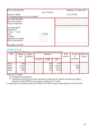 BULLETIN DE PAIE                                                                 Etablit le 31 octobre 1997
                                                 Du 01/10/1997
Monsieur TARIK                                                                   au 31/10/1997
N° d’immatriculation C.N.S.S 127305672
SALAIRE DE BASE                                                  ……………………………………………..
Prime d’ancienneté                                               ……………………………………………..
Prime de rendement                                               ……………………………………………..

SALAIRE BRUT                                                     …………………………………………….
RETENUES
C.N.S.S 3 ,26%                             …………..
I.G.R                                       1 870,40
Acompte                                    …………..
Opposition sur salaires                    ……………
TOTAL RETENUES                             ……………
                                                                  …………………………………………….
SALAIRE A PAYER

EXERCICE N° 25
La société MANFALOUTI met à votre disposition son livre de paie suivant
    Nom      Salaire  Salaire                Retenues                    Total         Avances Salaire net
              brut   plafonné                                          retenues           et    à payer
                                                                                       acomptes
                                       C.N.S.S       CIMR         IGR

 Siham            7 500   ………..       …………               462        1 270   ………..     ………..        …………
 Tarik           10 250   ………..       …………               462     1 870,40   ………..       1 500      …………
 Mehdi            6 000   ………..       …………               360       953,10   ………..         800      …………
 Ismail           2 600   ………..       ………….              216       139,02   ………..     ………….        …………

TRAVAIL A FAIRE
       Compléter le livre de paie
       Enregistrer au journal les écritures nécessaires sachant que les salariés sont payés par chèque
       bancaire (excepté ISMAIL qui est payé en espèces) le 31 octobre
Le règlement de la sécurité sociale de la CIMR et de l’IGR a lieu par cheque bancaire le 20 novembre




                                                                                                         63
 