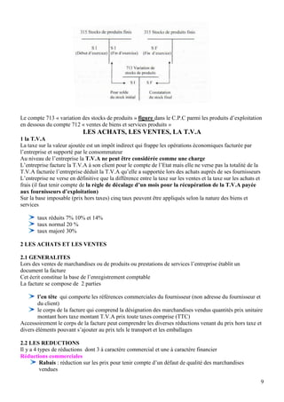 Le compte 713 « variation des stocks de produits » figure dans le C.P.C parmi les produits d’exploitation
en dessous du compte 712 « ventes de biens et services produits »
                            LES ACHATS, LES VENTES, LA T.V.A
1 la T.V.A
La taxe sur la valeur ajoutée est un impôt indirect qui frappe les opérations économiques facturée par
l’entreprise et supporté par le consommateur
Au niveau de l’entreprise la T.V.A ne peut être considérée comme une charge
L’entreprise facture la T.V.A à son client pour le compte de l’Etat mais elle ne verse pas la totalité de la
T.V.A facturée l’entreprise déduit la T.V.A qu’elle a supportée lors des achats auprès de ses fournisseurs
L’entreprise ne verse en définitive que la différence entre la taxe sur les ventes et la taxe sur les achats et
frais (il faut tenir compte de la règle de décalage d’un mois pour la récupération de la T.V.A payée
aux fournisseurs d’exploitation)
Sur la base imposable (prix hors taxes) cinq taux peuvent être appliqués selon la nature des biens et
services

       taux réduits 7% 10% et 14%
       taux normal 20 %
       taux majoré 30%

2 LES ACHATS ET LES VENTES

2.1 GENERALITES
Lors des ventes de marchandises ou de produits ou prestations de services l’entreprise établit un
document la facture
Cet écrit constitue la base de l’enregistrement comptable
La facture se compose de 2 parties

        l’en tête qui comporte les références commerciales du fournisseur (non adresse du fournisseur et
        du client)
        le corps de la facture qui comprend la désignation des marchandises vendus quantités prix unitaire
        montant hors taxe montant T.V.A prix toute taxes comprise (TTC)
Accessoirement le corps de la facture peut comprendre les diverses réductions venant du prix hors taxe et
divers éléments pouvant s’ajouter au prix tels le transport et les emballages

2.2 LES REDUCTIONS
Il y a 4 types de réductions dont 3 à caractère commercial et une à caractère financier
Réductions commerciales
          Rabais : réduction sur les prix pour tenir compte d’un défaut de qualité des marchandises
          vendues

                                                                                                                  9
 