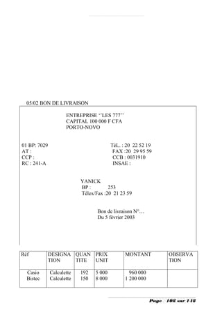 05/02 BON DE LIVRAISON

                     ENTREPRISE ‘’LES 777’’
                     CAPITAL 100 000 F CFA
                     PORTO-NOVO


01 BP: 7029                              TéL. : 20 22 52 19
AT :                                      FAX :20 29 95 59
CCP :                                     CCB : 0031910
RC : 241-A                                INSAE :


                           YANICK
                           BP :        253
                           Télex/Fax :20 21 23 59


                                  Bon de livraison N°…
                                  Du 5 février 2003




Réf           DESIGNA QUAN PRIX                MONTANT            OBSERVA
              TION    TITE UNIT                                   TION

  Casio       Calculette   192   5 000           960 000
  Bistec      Calculette   150   8 000         1 200 000



                                                           Page   108 sur 148
 