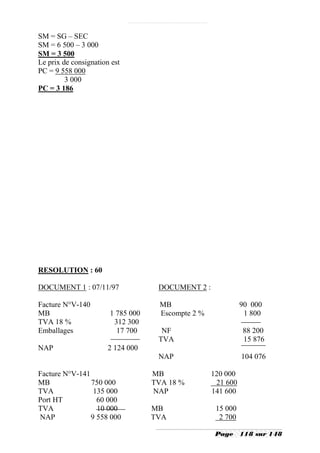 SM = SG – SEC
SM = 6 500 – 3 000
SM = 3 500
Le prix de consignation est
PC = 9 558 000
         3 000
PC = 3 186




RESOLUTION : 60

DOCUMENT 1 : 07/11/97               DOCUMENT 2 :

Facture N°V-140                      MB                       90 000
MB                     1 785 000     Escompte 2 %              1 800
TVA 18 %                312 300
Emballages               17 700      NF                       88 200
                                    TVA                       15 876
NAP                    2 124 000
                                    NAP                       104 076

Facture N°V-141                    MB               120 000
MB              750 000            TVA 18 %          21 600
TVA              135 000           NAP              141 600
Port HT           60 000
TVA               10 000           MB                15 000
NAP             9 558 000          TVA                2 700

                                                     Page     118 sur 148
 