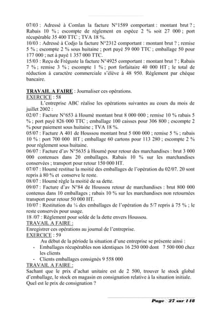 07/03 : Adressé à Comlan la facture N°1589 comportant : montant brut ? ;
Rabais 10 % ; escompte de règlement en espèce 2 % soit 27 000 ; port
récupérable 35 400 TTC ; TVA 18 %.
10/03 : Adressé à Codjo la facture N°2312 comportant : montant brut ? ; remise
5 % ; escompte 2 % sous huitaine ; port payé 59 000 TTC ; emballage 50 pour
177 000 ; net à payé 1 357 000 TTC.
15/03 : Reçu de Fréguste la facture N°4925 comportant : montant brut ? ; Rabais
7 % ; remise 3 % ; escompte 1 % ; port forfaitaire 40 000 HT ; le total de
réduction à caractère commerciale s’élève à 48 950. Règlement par chèque
bancaire.

TRAVAIL A FAIRE : Journaliser ces opérations.
EXERCICE : 58
         L’entreprise ABC réalise les opérations suivantes au cours du mois de
juillet 2002 :
02/07 : Facture N°653 à Houmè montant brut 8 000 000 ; remise 10 % rabais 5
% ; port payé 826 000 TTC ; emballage 100 caisses pour 306 800 ; escompte 2
% pour paiement sous huitaine ; TVA 18 %.
05/07 : Facture A 401 de Houssou montant brut 5 000 000 ; remise 5 % ; rabais
10 % : port 700 000 HT ; emballage 60 cartons pour 113 280 ; escompte 2 %
pour règlement sous huitaine.
06/07 : Facture d’av N°5635 à Houmè pour retour des marchandises : brut 3 000
000 contenues dans 20 emballages. Rabais 10 % sur les marchandises
conservées ; transport pour retour 150 000 HT.
07/07 : Houmè restitue la moitié des emballages de l’opération du 02/07. 20 sont
repris à 80 % et conserve le reste.
08/07 : Houmè règle la moitié de sa dette.
09/07 : Facture d’av N°84 de Houssou retour de marchandises : brut 800 000
contenus dans 10 emballages ; rabais 10 % sur les marchandises non retournées
transport pour retour 50 000 HT.
10/07 : Restitution du ¼ des emballages de l’opération du 5/7 repris à 75 % ; le
reste conservés pour usage.
18 /07 : Règlement pour solde de la dette envers Houssou.
TRAVAIL A FAIRE :
Enregistrer ces opérations au journal de l’entreprise.
EXERCICE : 59
         Au début de la période la situation d’une entreprise se présente ainsi :
    - Emballages récupérables non identiques 16 250 000 dont 7 500 000 chez
        les clients
    - Clients emballages consignés 9 558 000
TRAVAIL A FAIRE :
Sachant que le prix d’achat unitaire est de 2 500, trouver le stock global
d’emballage, le stock en magasin en consignation relative à la situation initiale.
Quel est le prix de consignation ?


                                                             Page    27 sur 148
 