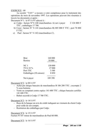 EXERCICE : 60
       La société ‘’TAV’’ a recours à votre compétence pour le traitement des
opérations du mois de novembre 1997. Les opérations peuvent être résumées à
travers les documents ci-après :
Document N°1 : le 07/11/97 adressé à :
    a) Codjo : facture N°V-140 (marchandises A) net à payer      2 124 000 F
       TTC ; emballages 17 700.
    b) Cossi : facture N° V-141 (marchandises B) 885 000 F TTC ; port 70 800
       F TTC.
   c) Paul : facture N° V-142 (marchandises C).




             Brut                       160 000
             Remise                     10 000

             NC 1                       150 000
             TVA 18 %                    27 000
             Port TTC                     3 540
             Emballages (10 caisses)      8 850

             Net à payer                189 390

Document N°2 : le 09/11/97
  - Achat par chèque bancaire de marchandises B 106 200 TTC ; escompte 2
     % sous huitaine.
  - Vente au comptant contre espèce 141 600 TTC ; chèque bancaire certifiés
     141 600 TTC.
  - Rabais accordé à Codjo 17 700 TTC.

Document N°3 : le 14/11/97
  - Reçu de la banque un avis de crédit indiquant un virement du client Codjo
     pour solde de son compte.
  - Restitution des emballages par Codjo.

Document N°4 : le 15/11/97
Facture N°AV retour de marchandises de Paul 60 000.

Document N°5 : le 16/11/97

                                                         Page    28 sur 148
 