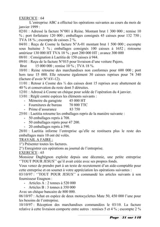 EXERCICE : 64
       L’entreprise ABC a effectué les opérations suivantes au cours du mois de
janvier 1999 :
02/01 : Adressé la facture N°001 à Reine. Montant brut 1 300 000 ; remise 10
% ; port forfaitaire 120 000 ; emballages consignés 45 caisses pour 132 750 ;
TVA 18 % ; escompte de caisses 2 %.
04/01 : Reçu de Cosme la facture N°A-01 montant brut 1 500 000 ; escompte
sous huitaine 3 % ; emballages consignés 100 caisses à 1652 ; ristourne
antérieur 130 000 HT TVA 18 % ; port 200 000 HT ; avance 300 000
08/01 : Consignation à Laetitia de 150 caisses à 944.
09/01 : Reçu de la facture N°015 pour livraison d’une voiture Pajero,
 Brut       15 000 000 ; remise 10 % ; TVA 18 %.
10/01 : Reine retourne des marchandises non conformes pour 600 000 ; port
hors taxe 15 000. Elle retourne également 30 caisses reprises pour 74 340
(facture d’avoir N°AV-12).
11/01 : Retour à Cosme des ¾ des caisses dont 15 reprises avec abattement de
40 % et conservation du reste dont 5 détruites.
12/01 : Adressé à Cosme un chèque pour solde de l’opération du 4 janvier.
13/01 : Réglé contre espèces les éléments suivants :
    - Mémoire du garagiste         45 000 HT
    - Fournitures de bureau        70 800 TTC
    - Prime d’assurance            83 750
25/01 : Laetitia retourne les emballages repris de la manière suivante :
    - 50 emballages repris à 708.
    - 50 emballages repris pour 47 200.
    - 20 emballages repris à 590.
28/01 : Laetitia informe l’entreprise qu’elle ne restituera plus le reste des
emballages mais 10 ont été volés.
TRAVAIL A FAIRE :
1°) Présenter toutes les factures.
2°) Enregistrer ces opérations au journal de l’entreprise.
EXERCICE : 65
Monsieur Dagbégnon exploite depuis une décennie, une petite entreprise
‘’TOUT POUR JESUS’’ qu’il avait créée avec ses propres fonds.
Vous venez de prendre part à un texte de recrutement d’un aide-comptable pour
cette entreprise et on soumet à votre appréciation les opérations suivantes :
03/10/97 : ‘’TOUT POUR JESUS’’ a commandé les articles suivants à son
fournisseur Enagnon :
    - Articles A : 2 tonnes à 520 000
    - Articles B : 3 tonnes à 350 000
Avec un chèque bancaire de 800 000.
06/10/97 : Achat en espèce de deux motocyclettes Mate 50, 450 000 l’une pour
les besoins de l’entreprise.
10/10/97 : Réception des marchandises commandées le 03/10. La facture
relative à cette livraison comporte entre autres : remises 5 et 4 % ; escompte 2 %

                                                             Page    31 sur 148
 