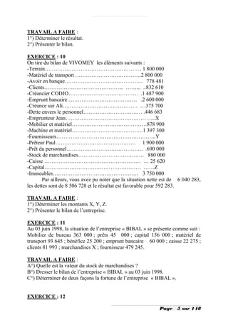 TRAVAIL A FAIRE :
1°) Déterminer le résultat.
2°) Présenter le bilan.

EXERCICE : 10
On tire du bilan de VIVOMEY les éléments suivants :
-Terrain……………………………………………… 1 800 000
-Matériel de transport ……………………………….2 800 000
-Avoir en banque…………………………………….. 778 481
-Clients……………………………………... ……... ..832 610
-Créancier CODJO………………………………… .1 487 900
-Emprunt bancaire………………………………… .2 600 000
-Créance sur Ali…………………………………… …375 700
-Dette envers le personnel…………………………… .446 683
-Emprunteur Jean……………………………………… …..X
-Mobilier et matériel……………………………………878 900
-Machine et matériel………………………………….1 397 300
-Fournisseurs………………………………………………..Y
-Prêteur Paul……………………………………… 1 900 000
-Prêt du personnel……………………………………. .690 000
-Stock de marchandises………………………………. 880 000
-Caisse ……………………………………………… … 25 620
-Capital……………………………………………… ……Z
-Immeubles………………………………………… 3 750 000
        Par ailleurs, vous avez pu noter que la situation nette est de 6 040 283,
les dettes sont de 8 506 728 et le résultat est favorable pour 592 283.

TRAVAIL A FAIRE :
1°) Déterminer les montants X, Y, Z.
2°) Présenter le bilan de l’entreprise.

EXERCICE : 11
Au 03 juin 1998, la situation de l’entreprise « BIBAL » se présente comme suit :
Mobilier de bureau 363 000 ; prêts 45 000 ; capital 156 000 ; matériel de
transport 93 645 ; bénéfice 25 200 ; emprunt bancaire 60 000 ; caisse 22 275 ;
clients 81 993 ; marchandises X ; fournisseur 479 245.

TRAVAIL A FAIRE :
A°) Quelle est la valeur du stock de marchandises ?
B°) Dresser le bilan de l’entreprise « BIBAL » au 03 juin 1998.
C°) Déterminer de deux façons la fortune de l’entreprise « BIBAL ».


EXERCICE : 12

                                                             Page     5 sur 148
 