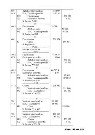 601           Achat de marchandises                485 000
445           Etat, TVA récupérable                 85 554
       4011          Fournisseurs                            560 854
       773           Escomptes obtenus                          9 700
              S/ facture A-809
              ----------------d°-----------------
4011          Fournisseurs                        59 000
       6019          RRR accordée                           50 000
       445           Etat, TVA récupérable                   9 000
              S/ Facture A-809
              ----------------d°-----------------
401           Fournisseurs                          501 854
       57            Caisse                                  501 854
              S/ Règlement
              -------------19/01----------------
              PAS D’ECRITURE
              ---------------21/01--------------
4011          Fournisseurs                         443 916
673           Escomptes accordés                     3 800
       601           Achat de marchandises                   380 000
       445           Etat, TVA récupérable                     67 716
              S/ facture AV-016
              ------------------d°---------------
4011          Fournisseurs                        66 587,4
673           Escomptes accordés                      570
       601           Achat de marchandises                   57 000
       445           Etat, TVA récupérable                   10 157,4
              S/ Facture AV-016
              ----------------23/01-------------
4111          Clients                             1 098 580
       701           Vente de marchandises                   931 000
       443           Etat, TVA facturée                      167 580
              S/ facture N° V-239

         ------------------d°---------------
701      Vente de marchandises               100 000
443      Etat, TVA facturée                   18 000
    411         Client                                 118 000
         S/ facture N° V-239
         --------------26/01---------------
701      Vente de marchandises                 480 000
443      Etat, TVA facturée                     84 672
    4111        Clients                                 555 072
    673         Escomptes accordés                         9 600
         S/ facture N°V-223

                                                              Page      97 sur 148
 