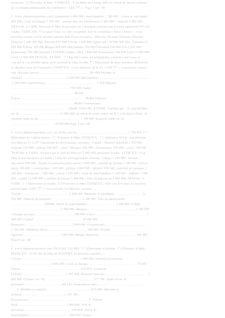 trésorerie. 2°) Présenter le bilan. EXERCICE : 4 Au début de l’année 2003 on extrait les postes suivants
de la situation patrimoniale de l’entreprise « LES 777 » : Page 2 sur 148
3. www.planeteexpertises.com Camionnette 6 000 000 ; marchandises 1 280 000 ; créances sur clients
600 000 ; avoir en banque 1 200 000 ; somme due aux fournisseurs 1 480 000 ; emprunt 4 000 000.
TRAVAIL A FAIRE Présenter le bilan d’ouverture de l’entreprise sachant que la perte représente 10% du
capital. EXERCICE : 5 Le jeune Gaou, un aide-comptable dont la compétence laisse à désirer ; vous
présente comme suit la situation patrimoniale d’une entreprise : Eléments Montant Eléments Montant
Emprunt 2 600 000 Mat. Informa 650 000 Terrain 1 800 000 Apport pers 10 000 000 Mat. Transport 2
800 000 Prêteur 200 000 Banque 800 000 Marchandise 250 000 Personnel 500 000 Prêt 6 650 000
Emprunteur 700 000 Résultat 1 650 000 Créance client 3 800 000 Fournisseur 100 000 Total 13 000 000
Total 13 000 000 TRAVAIL A FAIRE : 1°) Rectifier toutes les irrégularités commises par Gaou et
calculer le vrai résultat après avoir présenté le bilan rectifié. 2°) Déterminer de deux manières différentes
la situation nette de l’entreprise. EXERCICE : 6 Les éléments de la SA « LES 777 » se présente comme
suit : Résultat (perte) …………………………….…………200 000 Mobilier et
matériel…………………………….…… .2 500 000 Marchandises ……………………………………….
.2 800 000 Constructions ……………………………………… ..5 000 Banques
…………………………………………… …580 000 Capital
…………………………………………………..illisible
Caisse…………………………………………………….illisible Emprunt
………………………………………………….illisible Fournisseurs
……………………………………………...illisible TRAVAIL A FAIRE : Sachant que : -le total du bilan
est de ……………………………….11 000 000 -la valeur du poste caisse est le 1/3 du poste clients -la
situation nette est de………………………………... 7 300 000 -le passif stable est de
………………………………….10 500 000 Page 3 sur 148
4. www.planeteexpertises.com -les dettes sont de ………………………………………..3 700 000 1°)
Déterminer les valeurs omises. 2°) Présenter le bilan. EXERCICE : 7 L’entreprise AGLO vous présente
son bilan au 31/12/97 fournissant les informations suivantes : Capital ? Matériel industriel 1 250 000 ;
emprunt 350 000 ; prêteur 200 000 ; client ? Banques 300 000 ; fournisseurs 250 000 ; caisse 100 000.
TRAVAIL A FAIRE : Sachant que le total du bilan est 2 000 000, présenter le bilan. EXERCICE : 8 Le
bilan d’une entreprise est établi à l’aide des renseignements suivants : Clients 1 200 000 ; banque
découvert 800 000 ; dépôts et cautionnements versés 1 000 000 ; matériel de bureau 2 500 000 ; effet à
payer 180 000 ; construction 1 300 000 ; prêteur 4 000 000 ; débiteur 900 000 ; matériel de transport 2
200 000 ; fournisseur 1 400 000 ; caisse 1 100 000 ; stock de marchandises 1 580 000 ; emprunt 3 000
000 ; capital 12 000 000 ; mobilier de bureau 2 400 000 ; titres de placement 2 800 000. TRAVAIL A
FAIRE : 1°) Déterminer le résultat. 2°) Présenter le bilan. EXERCICE : 9 En vue d’évaluer sa situation
patrimoniale « LES 777 » vous présente les éléments suivants : -
Terrain………………………………………2 800 000 -Bâtiment et installation…………..………… 4
500 000 -Matériel de transport ……………………… 2 500 000 -Titre de participation
………………………… 900000 -Stock de marchandises………………………5 000 000 -Clients
……………………………………….1 900 000 -Banques………………………………………1 200 000
-Chèques postaux………….……………… …..700 000 -Caisse……………………………………… ..1
000 000 -Capital……………………………………… 10 000 000 -
Emprunts…………………………………….. 2 800 000 -Fournisseurs………………………………….
1 700 000 -Débiteurs divers……………………………… 600 000 -Prêteur
Agossou……………………………. 1 000 000 -Banque découvert……………………………. 500 000
Page 4 sur 148
5. www.planeteexpertises.com TRAVAIL A FAIRE : 1°) Déterminer le résultat. 2°) Présenter le bilan.
EXERCICE : 10 On tire du bilan de VIVOMEY les éléments suivants : -
Terrain……………………………………………… 1 800 000 -Matériel de transport
……………………………….2 800 000 -Avoir en banque…………………………………….. 778 481 -
Clients……………………………………... ……... ..832 610 -Créancier
CODJO………………………………… .1 487 900 -Emprunt bancaire………………………………… .2
600 000 -Créance sur Ali…………………………………… …375 700 -Dette envers le
personnel…………………………… .446 683 -Emprunteur Jean………………………………………
…..X -Mobilier et matériel……………………………………878 900 -Machine et
matériel………………………………….1 397 300 -
Fournisseurs………………………………………………..Y -Prêteur
Paul……………………………………… 1 900 000 -Prêt du
personnel……………………………………. .690 000 -Stock de
marchandises………………………………. 880 000 -Caisse
 