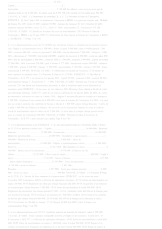 ……………………………………………… … 25 620 -
Capital……………………………………………… ……Z -
Immeubles………………………………………… 3 750 000 Par ailleurs, vous avez pu noter que la
situation nette est de 6 040 283, les dettes sont de 8 506 728 et le résultat est favorable pour 592 283.
TRAVAIL A FAIRE : 1°) Déterminer les montants X, Y, Z. 2°) Présenter le bilan de l’entreprise.
EXERCICE : 11 Au 03 juin 1998, la situation de l’entreprise « BIBAL » se présente comme suit : Mobilier
de bureau 363 000 ; prêts 45 000 ; capital 156 000 ; matériel de transport 93 645 ; bénéfice 25 200 ;
emprunt bancaire 60 000 ; caisse 22 275 ; clients 81 993 ; marchandises X ; fournisseur 479 245.
TRAVAIL A FAIRE : A°) Quelle est la valeur du stock de marchandises ? B°) Dresser le bilan de
l’entreprise « BIBAL » au 03 juin 1998. C°) Déterminer de deux façons la fortune de l’entreprise « BIBAL
». EXERCICE : 12 Page 5 sur 148
6. www.planeteexpertises.com Au 31/12/2001 une entreprise résume sa situation qui se présente comme
suit : Dépôt et cautionnement versé 1 500 000 ; dettes sociales 3 000 000 ; frais d’établissement 1 200
000 ; créances 480 000 ; dettes au personnel 2 000 000 ; titre de placement 7 000 000 ; bâtiment 15 000
000 ; client avance 1 560 000 ; état impôt 240 000 ; matériel de transport 4 800 000 ; avoir en caisse 290
000 ; titre de participation 1 800 000 ; créancier ZOLA 2 700 000 ; emprunt 2 900 000 ; capital personnel
25 800 000 ; effet à recevoir 230 000 ; prêt à Viviane 1 275 000 ; fournisseur avance 900 000 ; créditeur
1 900 000 ; prêteur 4 200 000 ; banque : 4 400 000 ; marchandises 5 700 000 ; terrain 6 700 000 ; fonds
commercial 2 500 000. TRAVAIL A FAIRE : 1°) Déterminer le résultat de l’exercice. 2°) Calculer de
deux manières la situation nette. 3°) Présenter le bilan au 31/12/2001. EXERCICE : 13 Du bilan de
l’entreprise « LES 777 » on extrait au 1er janvier 2001. Capital 20 000 ; emprunt 6 000 ; camion 24 000 ;
marchandises banque ? ; Fournisseur ? ; . 5 000, TRAVAIL A FAIRE : Sachant que l’avoir en banque
couvrent 75% des dettes aux fournisseurs, présenter le bilan d’ouverture après avoir déterminé les
montants omis EXERCICE : 14 Au cours du 1er trimestre 2001 Monsieur Zoro chinois a décidé de créer
une entreprise nommée « LES 777 » dont le 1er exercice débutera le 1er janvier 2002. En effet, il a mené
les démarches suivantes au cours de l’année 2001, -Apport d’une parcelle pour le compte de l’entreprise
5 200 000. -Emprunt d’une somme de 6 000 000 versé dans le compte de l’entreprise à la BOA. -il a payé
par ses propres moyens des matériels de bureau s’élevant à 1 400 000 contre chèque bancaire. -Carlos lui
a prêté 1 000 000 qu’il dépose en banque. -En accord avec le fournisseur Zannou il a reçu à crédit un
stock de marchandises dont la valeur est de 2 000 000. -il verse dans le compte chèque postal ouvert
pour le compte de l’entreprise 800 000. TRAVAIL A FAIRE : Présenter le bilan d’ouverture de
l’entreprise « LES 777 » puis calculer son capital. Page 6 sur 148
7. www.planeteexpertises.com EXERCICE : 15 La situation patrimoniale de l’entreprise Diallo et frères
au 31/12/N se présente comme suit : - Capital………………………….…….…… 38 800 000 - Emprunt
bancaire………………….……… 12 000 000 - Terrain nus…………………………….…...10 000 000 -
Bâtiments administratifs …………….…….20 000 000 - Installation et agencements……………… …7
500 000 - Matériel de bureau……………………….…..8 000 000 - Titres de
participation……………………...19 000 000 - Dépôts et cautionnements versés……………2 000 000 -
Réserves…………………………………… 18 015 000 - Marchandises en stock ………………….….12
500 000 - Dettes envers le fournisseur ………….… ..13 975 000 - Créances sur les
clients………………… ..12 252 000 - Client avances reçues…………………….….. ..400 000 - Impôt à
payer………………………………. .7 121 000 - Autres créances……………………………… ..855 000
- Autres dettes financières …………………. .11 364 000 - Titres de placement ………………………..
.4 750 000 - Avoir en banque ……………………… … .3 415 000 -
Résultat…………………………………… 3 097 000 - Avoir aux chèques postaux……………… 1 000
000 - Avoir en caisse ……………………………….500 000 TRAVAIL A FAIRE : 1°) Présenter le bilan
au 31/12/N. 2°) Calculer de deux manières la situation nette. EXERCICE : 16 Au cours du mois
d’octobre 2002 l’entreprise AZIZA a effectué les opérations suivantes : 02/10 Achats de marchandises en
espèce 50 000. 04/10 Règlement du client par chèque bancaire 120 000. 09/10 Acquisition d’un matériel
de transport par chèque bancaire 1 200 000. 11/10 Vente de marchandises à crédit 100 000. 14/10
Règlement du fournisseur par chèque postal 425 000. 16/10 L’exploitant retire 400 000 de la banque pour
ses besoins Personnels. 19/10 Contracté un emprunt de 4 000 000 à la BOA. 24/10 Vente d’un matériel
de bureau par chèque bancaire 800 000. 25/10 Retiré 200 000 de la banque pour alimenter la caisse.
26/10 Versement de 240 000 en banque. 27/10 Déposé 40 000 à la SBEE à titre d’avance sur
consommation. Page 7 sur 148
8. www.planeteexpertises.com 29/10 L’exploitant apporte un matériel de transport valant 2 500 000.
TRAVAIL A FAIRE : Faites l’analyse comptable en terme d’emploi et de ressource. EXERCICE : 17
L’entreprise « LES 777 » a effectué les opérations suivantes : 01/05 Achat de marchandises à crédit 800
000. 05/05 Vente de marchandises en espèce 1 000 000, coûts d’achat 700 000. 07/05 Remise d’un
chèque au fournisseur Sonagnon en règlement de sa facture d’achat 800 000. 08/05 Réglé en espèce la
 