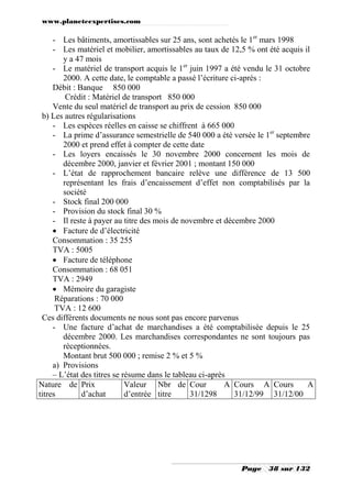 www.planeteexpertises.com

- Les bâtiments, amortissables sur 25 ans, sont achetés le 1er mars 1998
- Les matériel et mobilier, amortissables au taux de 12,5 % ont été acquis il
y a 47 mois
- Le matériel de transport acquis le 1er juin 1997 a été vendu le 31 octobre
2000. A cette date, le comptable a passé l’écriture ci-après :
Débit : Banque 850 000
Crédit : Matériel de transport 850 000
Vente du seul matériel de transport au prix de cession 850 000
b) Les autres régularisations
- Les espèces réelles en caisse se chiffrent à 665 000
- La prime d’assurance semestrielle de 540 000 a été versée le 1er septembre
2000 et prend effet à compter de cette date
- Les loyers encaissés le 30 novembre 2000 concernent les mois de
décembre 2000, janvier et février 2001 ; montant 150 000
- L’état de rapprochement bancaire relève une différence de 13 500
représentant les frais d’encaissement d’effet non comptabilisés par la
société
- Stock final 200 000
- Provision du stock final 30 %
- Il reste à payer au titre des mois de novembre et décembre 2000
 Facture de d’électricité
Consommation : 35 255
TVA : 5005
 Facture de téléphone
Consommation : 68 051
TVA : 2949
 Mémoire du garagiste
Réparations : 70 000
TVA : 12 600
Ces différents documents ne nous sont pas encore parvenus
- Une facture d’achat de marchandises a été comptabilisée depuis le 25
décembre 2000. Les marchandises correspondantes ne sont toujours pas
réceptionnées.
Montant brut 500 000 ; remise 2 % et 5 %
a) Provisions
– L’état des titres se résume dans le tableau ci-après
Nature de Prix
Valeur Nbr de Cour
A Cours A Cours
A
titres
d’achat
d’entrée titre
31/1298
31/12/99 31/12/00

Page

38 sur 132

 