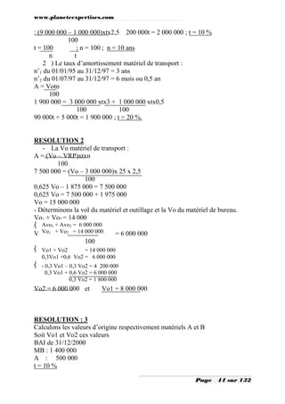 www.planeteexpertises.com

; (9 000 000 – 1 000 000)xtx2,5 200 000t = 2 000 000 ; t = 10 %
100
t = 100
; n = 100 ; n = 10 ans
n
t
2 ) Le taux d’amortissement matériel de transport :
n’1 du 01/01/95 au 31/12/97 = 3 ans
n’2 du 01/07/97 au 31/12/97 = 6 mois ou 0,5 an
A = Votn
100
1 900 000 = 3 000 000 xtx3 + 1 000 000 xtx0,5
100
100
90 000t + 5 000t = 1 900 000 ; t = 20 %.

RESOLUTION 2
- La Vo matériel de transport :
A = (Vo – VRP)xtxn
100
7 500 000 = (Vo – 3 000 000)x 25 x 2,5
100
0,625 Vo – 1 875 000 = 7 500 000
0,625 Vo = 7 500 000 + 1 975 000
Vo = 15 000 000
- Déterminons la vol du matériel et outillage et la Vo du matériel de bureau.
Vo1 + Vo2 = 14 000
 Avo1 + Avo2 = 6 000 000
+ Vo Vo x 20 x
VoVo110 x 32 + = 142000 000 3 = 6 000 000
1x
100
 Vo1 + Vo2
= 14 000 000
0,3Vo1 +0,6 Vo2 = 6 000 000

 - 0,3 Vo1 – 0,3 Vo2 = 4 200 000
0,3 Vo1 + 0,6 Vo2 = 6 000 000
0,3 Vo2 = 1 800 000

Vo2 = 6 000 000 et

Vo1 = 8 000 000

RESOLUTION : 3
Calculons les valeurs d’origine respectivement matériels A et B
Soit Vo1 et Vo2 ces valeurs
BAI de 31/12/2000
MB : 1 400 000
A : 500 000
t = 10 %
Page

44 sur 132

 