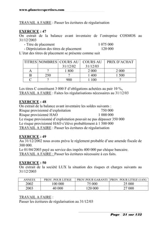 www.planeteexpertises.com

TRAVAIL A FAIRE : Passer les écritures de régularisation
EXERCICE : 47
On extrait de la balance avant inventaire de l’entreprise COSMOS au
31/12/2003
- Titre de placement
1 075 000
- Dépréciation des titres de placement
120 000
L’état des titres de placement se présente comme suit
TITRES NOMBRES COURS AU
31/12/02
A
?
1 800
B
250
?
C
?
900

COURS AU
31/12/03
2 000
1 400
1 100

PRIX D’ACHAT
2 000
1 500
?

Les titres C constituent 3 000 F d’obligations achetées au pair 10 %o
TRAVAIL A FAIRE : Faites les régularisations nécessaires au 31/12/03
EXERCICE : 48
On extrait de la balance avant inventaire les soldes suivants :
Risque provisionné d’exploitation
750 000
Risque provisionné HAO
1 000 000
Le risque provisionné d’exploitation pouvait ne pas dépasser 350 000
Le risque provisionné HAO s’élève probablement à 1 500 000
TRAVAIL A FAIRE : Passer les écritures de régularisation
EXERCICE : 49
Au 31/12/2002 nous avons prévu le règlement probable d’une amende fiscale de
300 000.
Le 01/04/2003 payé au service des impôts 400 000 par chèque bancaire.
TRAVAIL A FAIRE : Passer les écritures nécessaire à ces faits.
EXERCICE : 50
On extrait de la société LUX la situation des risques et charges suivants au
31/12/2003
ANNEES

PROV. POUR LITIGE

2002
2003

100 000
40 000

PROV.POUR GARANTI PROV. POUR LITIGE (1AN)

75 000
120 000

25 000
27 000

TRAVAIL A FAIRE :
Passer les écritures de régularisation au 31/12/03
Page

21 sur 132

 