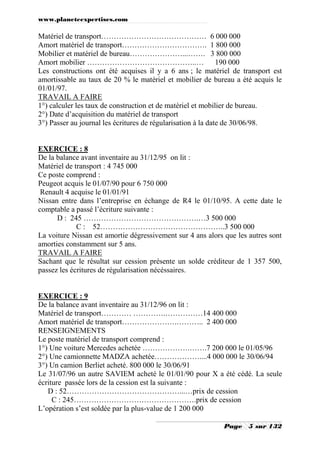 www.planeteexpertises.com

Matériel de transport…………………………………… 6 000 000
Amort matériel de transport……………………………. 1 800 000
Mobilier et matériel de bureau…………………...……. 3 800 000
Amort mobilier ……………………………………..… 190 000
Les constructions ont été acquises il y a 6 ans ; le matériel de transport est
amortissable au taux de 20 % le matériel et mobilier de bureau a été acquis le
01/01/97.
TRAVAIL A FAIRE
1°) calculer les taux de construction et de matériel et mobilier de bureau.
2°) Date d’acquisition du matériel de transport
3°) Passer au journal les écritures de régularisation à la date de 30/06/98.

EXERCICE : 8
De la balance avant inventaire au 31/12/95 on lit :
Matériel de transport : 4 745 000
Ce poste comprend :
Peugeot acquis le 01/07/90 pour 6 750 000
Renault 4 acquise le 01/01/91
Nissan entre dans l’entreprise en échange de R4 le 01/10/95. A cette date le
comptable a passé l’écriture suivante :
D : 245 ……………………………………….…3 500 000
C : 52…………………………………………..3 500 000
La voiture Nissan est amortie dégressivement sur 4 ans alors que les autres sont
amorties constamment sur 5 ans.
TRAVAIL A FAIRE
Sachant que le résultat sur cession présente un solde créditeur de 1 357 500,
passez les écritures de régularisation nécéssaires.

EXERCICE : 9
De la balance avant inventaire au 31/12/96 on lit :
Matériel de transport………… ………….……………14 400 000
Amort matériel de transport………………….……….. 2 400 000
RENSEIGNEMENTS
Le poste matériel de transport comprend :
1°) Une voiture Mercedes achetée ……………….…….7 200 000 le 01/05/96
2°) Une camionnette MADZA achetée………………....4 000 000 le 30/06/94
3°) Un camion Berliet acheté. 800 000 le 30/06/91
Le 31/07/96 un autre SAVIEM acheté le 01/01/90 pour X a été cédé. La seule
écriture passée lors de la cession est la suivante :
D : 52………………………………………...…prix de cession
C : 245………………………………………….prix de cession
L’opération s’est soldée par la plus-value de 1 200 000
Page

5 sur 132

 