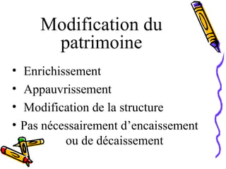 Modification du
patrimoine
• Enrichissement
• Appauvrissement
• Modification de la structure
• Pas nécessairement d’encaissement
ou de décaissement
 
