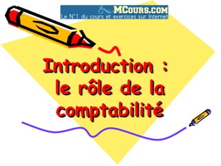 Introduction :
Introduction :
le rôle de la
le rôle de la
comptabilité
comptabilité
 