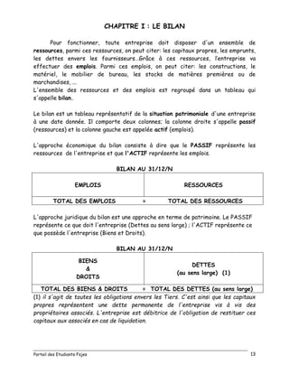 Portail des Etudiants Fsjes 13
CHAPITRE I : LE BILAN
Pour fonctionner, toute entreprise doit disposer d'un ensemble de
ressources, parmi ces ressources, on peut citer: les capitaux propres, les emprunts,
les dettes envers les fournisseurs…Grâce à ces ressources, l’entreprise va
effectuer des emplois. Parmi ces emplois, on peut citer: les constructions, le
matériel, le mobilier de bureau, les stocks de matières premières ou de
marchandises, ...
L'ensemble des ressources et des emplois est regroupé dans un tableau qui
s'appelle bilan.
Le bilan est un tableau représentatif de la situation patrimoniale d'une entreprise
à une date donnée. Il comporte deux colonnes; la colonne droite s'appelle passif
(ressources) et la colonne gauche est appelée actif (emplois).
L'approche économique du bilan consiste à dire que le PASSIF représente les
ressources de l'entreprise et que l'ACTIF représente les emplois.
BILAN AU 31/12/N
EMPLOIS RESSOURCES
TOTAL DES EMPLOIS = TOTAL DES RESSOURCES
L'approche juridique du bilan est une approche en terme de patrimoine. Le PASSIF
représente ce que doit l'entreprise (Dettes au sens large) ; l'ACTIF représente ce
que possède l'entreprise (Biens et Droits).
BILAN AU 31/12/N
BIENS
&
DROITS
DETTES
(au sens large) (1)
TOTAL DES BIENS & DROITS = TOTAL DES DETTES (au sens large)
(1) il s'agit de toutes les obligations envers les Tiers. C'est ainsi que les capitaux
propres représentent une dette permanente de l'entreprise vis à vis des
propriétaires associés. L'entreprise est débitrice de l'obligation de restituer ces
capitaux aux associés en cas de liquidation.
 
