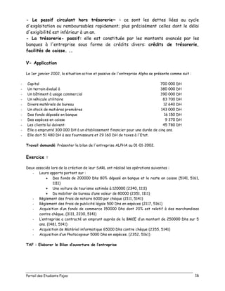 Portail des Etudiants Fsjes 16
- Le passif circulant hors trésorerie~ : ce sont les dettes liées au cycle
d'exploitation ou remboursables rapidement; plus précisément celles dont le délai
d'exigibilité est inférieur à un an.
- La trésorerie- passif: elle est constituée par les montants avancés par les
banques à l'entreprise sous forme de crédits divers: crédits de trésorerie,
facilités de caisse. ..
V- Application
Le 1er janvier 2002, la situation active et passive de l'entreprise Alpha se présente comme suit :
- Capital 700 000 DH
- Un terrain évalué à 380 000 DH
- Un bâtiment à usage commercial 390 000 DH
- Un véhicule utilitaire 83 700 DH
- Divers matériels de bureau 12 640 DH
- Un stock de matières premières 143 000 DH
- Des fonds déposés en banque 16 150 DH
- Des espèces en caisse 9 370 DH
- Les clients lui doivent: 45 780 DH
- Elle a emprunté 300 000 DH à un établissement financier pour une durée de cinq ans.
- Elle doit 51 480 DH à ses fournisseurs et 29 160 DH de taxes à l'Etat.
Travail demandé: Présenter le bilan de l'entreprise ALPHA au 01-01-2002.
Exercice :
Deux associés lors de la création de leur SARL ont réalisé les opérations suivantes :
- Leurs apports portent sur :
 Des fonds de 200000 Dhs 80% déposé en banque et le reste en caisse (5141, 5161,
1111)
 Une voiture de tourisme estimée à 120000 (2340, 1111)
 Du mobilier de bureau d’une valeur de 80000 (2351, 1111)
- Règlement des frais de notaire 6000 par chèque (2111, 5141)
- Règlement des frais de publicité légale 500 Dhs en espèces (2117, 5161)
- Acquisition d’un fonds de commerce 150000 Dhs dont 20% est relatif à des marchandises
contre chèque. (3111, 2230, 5141)
- L’entreprise a contracté un emprunt auprès de la BMCE d’un montant de 250000 Dhs sur 5
ans. (1481, 5141)
- Acquisition de Matériel informatique 65000 Dhs contre chèque (2355, 5141)
- Acquisition d’un Photocopieur 5000 Dhs en espèces. (2352, 5161)
TAF : Elaborer le Bilan d’ouverture de l’entreprise
 