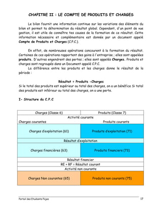 Portail des Etudiants Fsjes 17
CHAPITRE II : LE COMPTE DE PRODUITS ET CHARGES
Le bilan fournit une information continue sur les variations des éléments du
bilan et permet ta détermination du résultat global. Cependant, d'un point de vue
gestion, il est utile de connaître tes causes de la formation de ce résultat. Cette
information nécessaire et complémentaire est donnée par un document appelé
Compte de Produits et Charges (C.P.C.).
En effet, de nombreuses opérations concourent à la formation du résultat.
Certaines de ces opérations rapportent des gains à l'entreprise ; elles sont appelées
produits. D'autres engendrent des pertes ; elles sont appelés Charges. Produits et
charges sont regroupés dans un Document appelé C.P.C.
La différence entre les produits et les charges donne le résultat de la
période :
Résultat = Produits -Charges
Si le total des produits est supérieur au total des charges, on a un bénéfice Si total
des produits est inférieur au total des charges, on a une perte.
I- Structure du C.P.C
Charges (Classe 6) Produits (Classe 7)
Activité courante
Charges courantes Produits courants
Charges d’exploitation (61) Produits d’exploitation (71)
Résultat d’exploitation
Charges financières (63) Produits financiers (73)
Résultat financier
RE + RF = Résultat courant
Activité non courante
Charges Non courantes (65) Produits non courants (75)
 