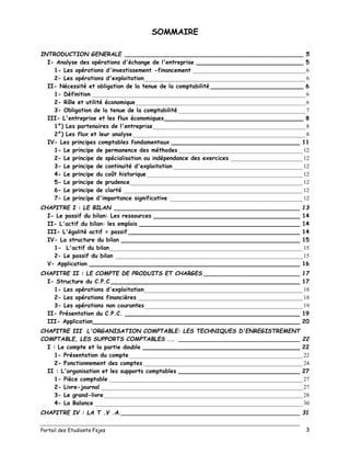 Portail des Etudiants Fsjes 3
SOMMAIRE
INTRODUCTION GENERALE __________________________________________________ 5
I- Analyse des opérations d'échange de l'entreprise ______________________________ 5
1- Les opérations d'investissement -financement _______________________________________6
2- Les opérations d'exploitation________________________________________________________6
II- Nécessité et obligation de la tenue de la comptabilité __________________________ 6
1- Définition __________________________________________________________________________6
2- Rôle et utilité économique___________________________________________________________6
3- Obligation de la tenue de la comptabilité ____________________________________________7
III- L'entreprise et les flux économiques_______________________________________ 8
1°) Les partenaires de l'entreprise_____________________________________________________8
2°) Les flux et leur analyse____________________________________________________________8
IV- Les principes comptables fondamentaux ____________________________________ 11
1- Le principe de permanence des méthodes ___________________________________________ 12
2- Le principe de spécialisation ou indépendance des exercices _________________________ 12
3- Le principe de continuité d'exploitation _____________________________________________ 12
4- Le principe du coût historique ______________________________________________________ 12
5- Le principe de prudence____________________________________________________________ 12
6- Le principe de clarté ______________________________________________________________ 12
7- Le principe d'importance significative ______________________________________________ 12
CHAPITRE I : LE BILAN ____________________________________________________ 13
I- Le passif du bilan: Les ressources _________________________________________ 14
II- L'actif du bilan: les emplois _____________________________________________ 14
III- L'égalité actif = passif ________________________________________________ 14
IV- La structure du bilan __________________________________________________ 15
1- L'actif du bilan___________________________________________________________________ 15
2- Le passif du bilan _________________________________________________________________ 15
V- Application ___________________________________________________________ 16
CHAPITRE II : LE COMPTE DE PRODUITS ET CHARGES ___________________________ 17
I- Structure du C.P.C _____________________________________________________ 17
1- Les opérations d'exploitation_______________________________________________________ 18
2- Les opérations financières _________________________________________________________ 18
3- Les opérations non courantes_______________________________________________________ 19
II- Présentation du C.P.C. _________________________________________________ 19
III- Application__________________________________________________________ 20
CHAPITRE III L'ORGANISATION COMPTABLE: LES TECHNIQUES D'ENREGISTREMENT
COMPTABLE, LES SUPPORTS COMPTABLES ... __________________________________ 22
I : Le compte et la partie double ____________________________________________ 22
1- Présentation du compte ____________________________________________________________ 22
2- Fonctionnement des comptes _______________________________________________________ 24
II : L'organisation et les supports comptables __________________________________ 27
1- Pièce comptable ___________________________________________________________________ 27
2- Livre-journal ______________________________________________________________________ 27
3- Le grand-livre_____________________________________________________________________ 28
4- La Balance ________________________________________________________________________ 30
CHAPITRE IV : LA T .V .A.__________________________________________________ 31
 