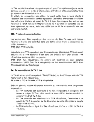 Portail des Etudiants Fsjes 32
La TVA ne constitue ni une charge ni un produit pour l'entreprise assujettie. Cette
dernière joue en effet le rôle d'intermédiaire entre l'Etat et le consommateur final
qui supporte en dernier lieu la TVA.
En effet, les entreprises assujetties facturent cette taxe à leurs clients à
l'occasion des opérations de ventes imposables. Ces mêmes entreprises effectuent
des opérations d'achats et paient la TV A à leurs fournisseurs. Les entreprises
reversent à l'Etat non pas l'intégralité de la TV A qu'elles ont collectée lors de
leurs opérations de vente, mais sous déduction de la TV A acquittée lors des
opérations d'achat.
III- Principe de comptabilisation
Les ventes avec TVA engendrent des recettes de TVA facturée qu'il faudra
reverser à l'Etat; elle constitue donc une dette envers l'Etat à enregistrer au
crédit du compte :
4455 Etat- TVA facturée.
Les achats avec TVA engendrent pour l'entreprise des dépenses de TVA qui seront
déduites de la TVA facturée. C'est donc une créance sur l'Etat appelée TVA
récupérable à noter au débit du compte :
3455 Etat TVA récupérable. Ce compte est subdivisé en deux comptes
divisionnaires 34551 Etat TV A récupérable sur les immobilisations 34552 Etat
TVA récupérable sur les charges
IV- Détermination de la TV A due
La TV A à verser par l'entreprise à l'Etat (TVA due) est la différence entre la TVA
Facturée et la TVA récupérable.
TV A due = TV A facturée -TV A récupérable
Enfin de période, suivant déclaration mensuelle ou trimestrielle, trois cas peuvent
se produire :
- La TVA facturée est supérieure à la TVA récupérable, l'entreprise doit
verser le reliquat à l'Etat: elle a une dette envers l'Etat à noter au crédit du
compte 4456 Etat TV A due.
- La TVA facturée est inférieure à la TVA récupérable, l'entreprise a un
crédit de TV A à reporter sur la déclaration suivante. On utilise le compte
3456 Crédit de TV A.
- La TVA facturée est égale à la TVA récupérable, il n'y a ni crédit de TV A ni
TV A due.
 