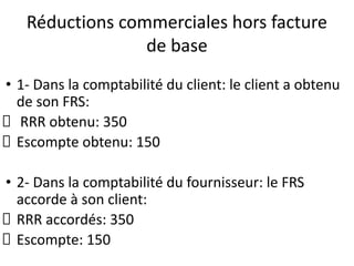 Réductions commerciales hors facture
de base
• 1- Dans la comptabilité du client: le client a obtenu
de son FRS:
RRR obtenu: 350
Escompte obtenu: 150
• 2- Dans la comptabilité du fournisseur: le FRS
accorde à son client:
RRR accordés: 350
Escompte: 150
 
