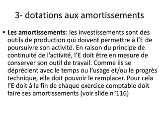 3- dotations aux amortissements
• Les amortissements: les investissements sont des
outils de production qui doivent permettre à l’E de
poursuivre son activité. En raison du principe de
continuité de l’activité, l’E doit être en mesure de
conserver son outil de travail. Comme ils se
déprécient avec le temps ou l’usage et/ou le progrès
technique, elle doit pouvoir le remplacer. Pour cela
l’E doit à la fin de chaque exercice comptable doit
faire ses amortissements (voir slide n°116)
 
