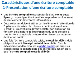 Caractéristiques d’une écriture comptable
1-Présentation d’une écriture comptable
• Une écriture comptable est composée d’au moins deux
lignes ; chaque ligne étant ventilée en plusieurs colonnes et
devant contenir différentes informations.
• Deux colonnes doivent attirer particulièrement l’attention de
l’opérateur de saisie : la colonne « débit » et la colonne
« crédit ». En effet, il va devoir y éclater son opération en
fonction de la nature de l’opération et du sens de celle-ci.
Une écriture comptable comprend forcément au moins un
débit et un crédit.
• Une fois l’écriture comptable saisie, le total des débits doit
obligatoirement être égal au total des crédits. C’est le
mécanisme fondamental de la partie double, principe sur
lequel repose la comptabilité des entreprises. On dit alors
que l’écriture comptable est équilibrée.
 