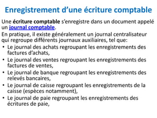 Enregistrement d’une écriture comptable
Une écriture comptable s’enregistre dans un document appelé
un journal comptable.
En pratique, il existe généralement un journal centralisateur
qui regroupe différents journaux auxiliaires, tel que:
• Le journal des achats regroupant les enregistrements des
factures d’achats,
• Le journal des ventes regroupant les enregistrements des
factures de ventes,
• Le journal de banque regroupant les enregistrements des
relevés bancaires,
• Le journal de caisse regroupant les enregistrements de la
caisse (espèces notamment),
• Le journal de paie regroupant les enregistrements des
écritures de paie,
 