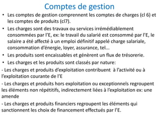 Comptes de gestion
• Les comptes de gestion comprennent les comptes de charges (cl 6) et
les comptes de produits (cl7).
• Les charges sont des travaux ou services irrémédiablement
consommées par l’E, ex: le travail du salarié est consommé par l’E, le
salaire a été affecté à un emploi définitif appelé charge salariale,
consommation d’énergie, loyer, assurance, tel...
• Les produits sont encaissables et génèrent un flux de trésorerie.
• Les charges et les produits sont classés par nature:
- Les charges et produits d’exploitation contribuent à l’activité ou à
l’exploitation courante de l’E
- Les charges et produits hors exploitation ou exceptionnels regroupent
les éléments non répétitifs, indirectement liées à l’exploitation ex: une
amende
- Les charges et produits financiers regroupent les éléments qui
sanctionnent les choix de financement effectués par l’E.
 
