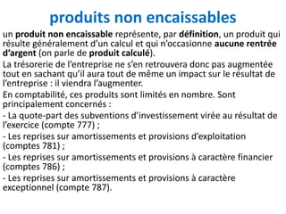 produits non encaissables
un produit non encaissable représente, par définition, un produit qui
résulte généralement d’un calcul et qui n’occasionne aucune rentrée
d’argent (on parle de produit calculé).
La trésorerie de l’entreprise ne s’en retrouvera donc pas augmentée
tout en sachant qu’il aura tout de même un impact sur le résultat de
l’entreprise : il viendra l’augmenter.
En comptabilité, ces produits sont limités en nombre. Sont
principalement concernés :
- La quote-part des subventions d’investissement virée au résultat de
l’exercice (compte 777) ;
- Les reprises sur amortissements et provisions d’exploitation
(comptes 781) ;
- Les reprises sur amortissements et provisions à caractère financier
(comptes 786) ;
- Les reprises sur amortissements et provisions à caractère
exceptionnel (compte 787).
 