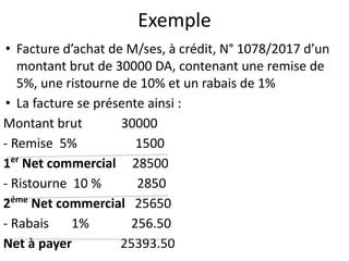 Exemple
• Facture d’achat de M/ses, à crédit, N° 1078/2017 d’un
montant brut de 30000 DA, contenant une remise de
5%, une ristourne de 10% et un rabais de 1%
• La facture se présente ainsi :
Montant brut 30000
- Remise 5% 1500
1er
Net commercial 28500
- Ristourne 10 % 2850
2éme
Net commercial 25650
- Rabais 1% 256.50
Net à payer 25393.50
 