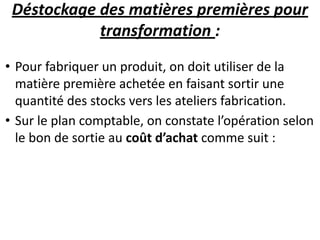 Déstockage des matières premières pour
transformation :
• Pour fabriquer un produit, on doit utiliser de la
matière première achetée en faisant sortir une
quantité des stocks vers les ateliers fabrication.
• Sur le plan comptable, on constate l’opération selon
le bon de sortie au coût d’achat comme suit :
 
