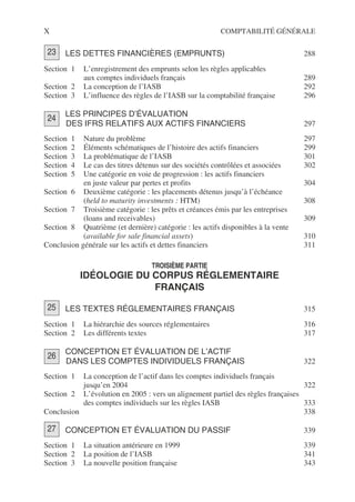 X COMPTABILITÉ GÉNÉRALE
LES DETTES FINANCIÈRES (EMPRUNTS) 288
Section 1 L’enregistrement des emprunts selon les règles applicables
aux comptes individuels français 289
Section 2 La conception de l’IASB 292
Section 3 L’influence des règles de l’IASB sur la comptabilité française 296
LES PRINCIPES D’ÉVALUATION
DES IFRS RELATIFS AUX ACTIFS FINANCIERS 297
Section 1 Nature du problème 297
Section 2 Éléments schématiques de l’histoire des actifs financiers 299
Section 3 La problématique de l’IASB 301
Section 4 Le cas des titres détenus sur des sociétés contrôlées et associées 302
Section 5 Une catégorie en voie de progression : les actifs financiers
en juste valeur par pertes et profits 304
Section 6 Deuxième catégorie : les placements détenus jusqu’à l’échéance
(held to maturity investments : HTM) 308
Section 7 Troisième catégorie : les prêts et créances émis par les entreprises
(loans and receivables) 309
Section 8 Quatrième (et dernière) catégorie : les actifs disponibles à la vente
(available for sale financial assets) 310
Conclusion générale sur les actifs et dettes financiers 311
TROISIÈME PARTIE
IDÉOLOGIE DU CORPUS RÉGLEMENTAIRE
FRANÇAIS
LES TEXTES RÉGLEMENTAIRES FRANÇAIS 315
Section 1 La hiérarchie des sources réglementaires 316
Section 2 Les différents textes 317
CONCEPTION ET ÉVALUATION DE L’ACTIF
DANS LES COMPTES INDIVIDUELS FRANÇAIS 322
Section 1 La conception de l’actif dans les comptes individuels français
jusqu’en 2004 322
Section 2 L’évolution en 2005 : vers un alignement partiel des règles françaises
des comptes individuels sur les règles IASB 333
Conclusion 338
CONCEPTION ET ÉVALUATION DU PASSIF 339
Section 1 La situation antérieure en 1999 339
Section 2 La position de l’IASB 341
Section 3 La nouvelle position française 343
23
24
25
26
27
 