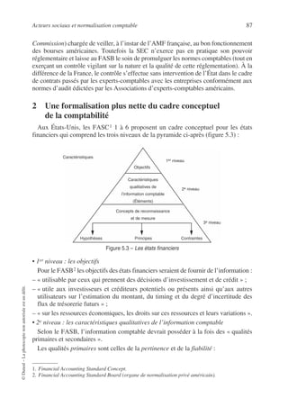 Acteurs sociaux et normalisation comptable 87
©
Dunod
–
La
photocopie
non
autorisée
est
un
délit.
Commission) chargée de veiller, à l’instar de l’AMF française, au bon fonctionnement
des bourses américaines. Toutefois la SEC n’exerce pas en pratique son pouvoir
réglementaire et laisse au FASB le soin de promulguer les normes comptables (tout en
exerçant un contrôle vigilant sur la nature et la qualité de cette réglementation). À la
différence de la France, le contrôle s’effectue sans intervention de l’État dans le cadre
de contrats passés par les experts-comptables avec les entreprises conformément aux
normes d’audit édictées par les Associations d’experts-comptables américains.
2 Une formalisation plus nette du cadre conceptuel
de la comptabilité
Aux États-Unis, les FASC1 1 à 6 proposent un cadre conceptuel pour les états
financiers qui comprend les trois niveaux de la pyramide ci-après (figure 5.3) :
• 1er niveau : les objectifs
Pour le FASB2 les objectifs des états financiers seraient de fournir de l’information :
– « utilisable par ceux qui prennent des décisions d’investissement et de crédit » ;
– « utile aux investisseurs et créditeurs potentiels ou présents ainsi qu’aux autres
utilisateurs sur l’estimation du montant, du timing et du degré d’incertitude des
flux de trésorerie futurs » ;
– « sur les ressources économiques, les droits sur ces ressources et leurs variations ».
• 2e niveau : les caractéristiques qualitatives de l’information comptable
Selon le FASB, l’information comptable devrait posséder à la fois des « qualités
primaires et secondaires ».
Les qualités primaires sont celles de la pertinence et de la fiabilité :
1. Financial Accounting Standard Concept.
2. Financial Accounting Standard Board (organe de normalisation privé américain).
Caractéristiques
1er niveau
2e niveau
3e niveau
Objectifs
Hypothèses Principes Contraintes
Caractéristiques
qualitatives de
l’information comptable
(Éléments)
Concepts de reconnaissance
et de mesure
Figure 5.3 – Les états financiers
 