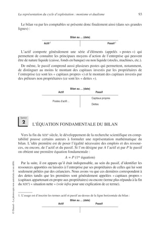 La représentation du cycle d’exploitation : monisme et dualisme 93
©
Dunod
–
La
photocopie
non
autorisée
est
un
délit.
Le bilan vu par les comptables se présente donc finalement ainsi (dans ses grandes
lignes) : 1
L’actif comporte généralement une série d’éléments (appelés « postes ») qui
permettent de connaître les principaux moyens d’action de l’entreprise qui peuvent
être de nature liquide (caisse, fonds en banque) ou non liquide (stocks, machines, etc.).
De même, le passif comprend aussi plusieurs postes qui permettent, notamment,
de distinguer au moins le montant des capitaux investis par les propriétaires de
l’entreprise (ce sont les « capitaux propres ») et le montant des capitaux investis par
des prêteurs non propriétaires (ce sont les « dettes »).
L’ÉQUATION FONDAMENTALE DU BILAN
Vers la fin du XIXe siècle, le développement de la recherche scientifique en comp-
tabilité pousse certains auteurs à formuler une représentation mathématique du
bilan. L’idée première est de poser l’égalité nécessaire des emplois et des ressour-
ces, ou encore, de l’actif et du passif. Si l’on désigne par A l’actif et par P le passif
on obtient une première équation fondamentale :
A = P (1re équation)
Par la suite, il est apparu qu’il était indispensable, au sein du passif, d’identifier les
ressources apportées ou laissées à l’entreprise par ses propriétaires de celles qui lui sont
seulement prêtées par des créanciers. Nous avons vu que ces dernières correspondent à
des dettes tandis que les premières sont généralement appelées « capitaux propres »
(capitaux appartenant en propre aux propriétaires) ou encore (terme plus répandu à la fin
du XIXe) « situation nette » (voir infra pour une explication de ce terme).
Bilan au … (date)
Actif 1 Passif 1
1. L’usage est d’inscrire les termes actif et passif au-dessus de la ligne horizontale du bilan :
Bilan au … (date)
Actif Passif
Postes d’actif…
Capitaux propres
Dettes
Bilan au … (date)
Actif Passif
Section
2
 