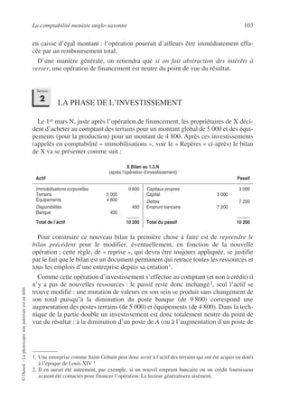 La comptabilité moniste anglo-saxonne 103
©
Dunod
–
La
photocopie
non
autorisée
est
un
délit.
en caisse d’égal montant : l’opération pourrait d’ailleurs être immédiatement effa-
cée par un remboursement total.
D’une manière générale, on retiendra que si on fait abstraction des intérêts à
verser, une opération de financement est neutre du point de vue du résultat.
LA PHASE DE L’INVESTISSEMENT
Le 1er mars N, juste après l’opération de financement, les propriétaires de X déci-
dent d’acheter au comptant des terrains pour un montant global de 5 000 et des équi-
pements (pour la production) pour un montant de 4 800. Après ces investissements
(appelés en comptabilité « immobilisations », voir le « Repères » ci-après) le bilan
de X va se présenter comme suit :
Pour construire ce nouveau bilan la première chose à faire est de reprendre le
bilan précédent pour le modifier, éventuellement, en fonction de la nouvelle
opération ; cette règle, de « reprise », qui devra être toujours appliquée, se justifie
par le fait que le bilan est un document permanent qui retrace toutes les ressources et
tous les emplois d’une entreprise depuis sa création1.
Comme cette opération d’investissement s’effectue au comptant (et non à crédit) il
n’y a pas de nouvelles ressources : le passif reste donc inchangé2, seul l’actif se
trouve modifié : une mutation de valeurs en son sein se produit sans changement de
son total puisqu’à la diminution du poste banque (de 9 800) correspond une
augmentation des postes terrains (de 5 000) et équipements (de 4 800). Dans la tech-
nique de la partie double un investissement est donc totalement neutre du point de
vue du résultat : à la diminution d’un poste de A (ou à l’augmentation d’un poste de
X Bilan au 1.3.N
(après l’opération d’investissement)
Actif Passif
Immobilisations corporelles 9 800
Terrains 5 000
Équipements 4 800
Disponibilités 400
Banque 400
Total de l’actif 10 200
Capitaux propres 3 000
Capital 3 000
Dettes 7 200
Emprunt bancaire 7 200
Total du passif 10 200
1. Une entreprise comme Saint-Gobain peut donc avoir à l’actif des terrains qui ont été acquis ou dotés
à l’époque de Louis XIV !
2. Il en aurait été autrement, par exemple, si un nouvel emprunt bancaire ou un crédit fournisseur
avaient été contactés pour financer l’opération. Le lecteur généralisera aisément.
Section
2
 