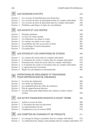 XII COMPTABILITÉ GÉNÉRALE
LES CESSIONS D’ACTIFS 424
Section 1 Les cessions d’immobilisation non financières 425
Section 2 Les cessions de titres de participation dans les comptes individuels 434
Section 3 Les cessions de titres de placement dans les comptes individuels 436
Section 4 Problèmes spécifiques et règles de consolidation 438
LES ACHATS ET LES VENTES 440
Section 1 Principes généraux 440
Section 2 La taxe à la valeur ajoutée 444
Section 3 Les réductions sur achats et ventes 456
Section 4 Les retours sur achats et sur ventes 461
Section 5 Le problème des frais accessoires d’achat 462
Section 6 Les décalages livraison-facturation 466
Section 7 Cas particuliers 466
LES STOCKS ET LES VARIATIONS DE STOCKS 469
Section 1 Le contenu des stocks dans les comptes individuels 470
Section 2 L’évaluation des stocks à l’entrée dans les comptes individuels 472
Section 3 Évaluation des sorties de stocks dans les comptes individuels 474
Section 4 L’évaluation des stocks à l’inventaire dans les comptes individuels 478
Section 5 L’organisation de l’inventaire 481
Section 6 Règles de consolidation et internationales 482
OPÉRATIONS DE RÈGLEMENT ET PROVISIONS
POUR DÉPRÉCIATION DE CRÉANCES 484
Section 1 Le terme des règlements 484
Section 2 Les modes de règlements 487
Section 3 La comptabilisation des effets de commerce 492
Section 4 État de rapprochement bancaire 500
Section 5 Les provisions pour dépréciations des créances et autres valeurs
à terme 503
LES ACTIFS FINANCIERS INVESTIS À COURT TERME 506
Section 1 Achat et cession de titres 506
Section 2 L’inventaire des titres de placement 508
Section 3 La réglementation fiscale 510
Section 4 Comparaison avec les normes IFRS 510
LES COMPTES DE CHARGES ET DE PRODUITS 511
Section 1 Le concept de charges et produits dans les comptes individuels 512
Section 2 La codification des charges et des produits dans les comptes individuels 513
33
34
35
36
37
38
 