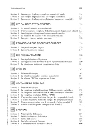 Table des matières XIII
©
Dunod
–
La
photocopie
non
autorisée
est
un
délit.
Section 3 Les comptes de charges dans les comptes individuels 514
Section 4 Les comptes de produits dans les comptes individuels 525
Section 5 Les comptes de charges et produits dans les comptes consolidés 527
LES SALAIRES ET TRAITEMENTS 528
Section 1 La rémunération du personnel salarié 531
Section 2 L’enregistrement comptable de la rémunération du personnel salaarié 533
Section 3 Les charges sociales patronales assises sur les salaires 535
Section 4 Le paiement des salaires et des cotisations sociales 537
Section 5 Les autres charges sociales patronales 538
PROVISIONS POUR RISQUES ET CHARGES 539
Section 1 Les provisions pour risques 539
Section 2 Les provisions pour charges 547
LES RÉGULARISATIONS 550
Section 1 Les régularisations obligatoires 551
Section 2 Les régularisations facultatives et les régularisations interdites 559
Section 3 La situation en matière de comptes consolidés 561
LE BILAN 562
Section 1 Éléments historiques 562
Section 2 Le bilan français actuel (comptes individuels) 564
Section 3 Le bilan de l’IASB (comptes consolidés) 568
LE COMPTE DE RÉSULTAT 571
Section 1 Éléments historiques 571
Section 2 Le compte de résultat français en 2004 des comptes individuels 572
Section 3 Le compte de résultat français EN 2004 des comptes consolidés 578
Section 4 Le compte de résultat en 2004 de l’IASB 580
Section 5 L’avenir du compte de résultat français des comptes individuels 581
Section 6 L’avenir du compte de résultat français des comptes consolidés 582
Section 7 Vers un « compromis » pour le compte de résultat consolidé ? 582
Section 8 Vers un « résultat global » malgré les difficultés ? 585
L’ANNEXE 587
Section 1 Nature et rôle de l’annexe 587
Section 2 Principes directeurs de l’annexe 588
Section 3 Forme de l’annexe 588
Section 4 Les informations de l’annexe 589
Section 5 L’annexe selon les normes de l’IASB 606
39
40
41
42
43
44
 