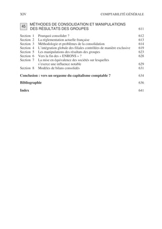 XIV COMPTABILITÉ GÉNÉRALE
MÉTHODES DE CONSOLIDATION ET MANIPULATIONS
DES RÉSULTATS DES GROUPES 611
Section 1 Pourquoi consolider ? 612
Section 2 La réglementation actuelle française 613
Section 3 Méthodologie et problèmes de la consolidation 614
Section 4 L’intégration globale des filiales contrôlées de manière exclusive 619
Section 5 Les manipulations des résultats des groupes 623
Section 6 Vers la fin des « ENRONS » ? 628
Section 7 La mise en équivalence des sociétés sur lesquelles
s’exerce une influence notable 629
Section 8 Modèles de bilans consolidés 631
Conclusion : vers un orgasme du capitalisme comptable ? 634
Bibliographie 636
Index 641
45
 