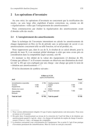 La comptabilité dualiste française 131
©
Dunod
–
La
photocopie
non
autorisée
est
un
délit.
2 Les opérations d’inventaire
Au sens strict, les opérations d’inventaire ne concernent que la rectification des
stocks ; au sens large elles englobent d’autres corrections ou, comme on dit
« régularisations » telles que l’enregistrement des amortissements1.
Nous commencerons par étudier la régularisation des amortissements avant
d’aborder celle des stocks.
2.1 L’enregistrement des amortissements
Dans la technique de l’inventaire intermittent on calcule les amortissements de
chaque équipement en bloc en fin de période sans se préoccuper de savoir si ces
amortissements concernent telle ou telle fonction, tel ou tel produit, etc.
Nous supposerons que, dans le cas de X, le résultat de ce calcul aboutit, pour la
période de mars N, à un montant global identique à celui que nous avons pris en
considération dans la comptabilité anglo-saxonne, soit 40.
Ce montant va être déduit de la valeur des équipements (A diminue de 40).
Comme par ailleurs S’ et D restent constants on observera une diminution du résul-
tat (∆S 40) qui sera expliquée par une charge : une charge qui porte le nom de
« dotation aux amortissements »2, 3.
D’où les documents de synthèse suivants :
1. Nous verrons ultérieurement (chapitre 41) que d’autres régularisations sont nécessaires. Nous nous
en tenons ici à l’essentiel.
2. On parle donc d’amortissement au niveau de la correction de l’actif du bilan et de dotation aux
amortissements quand il s’agit de « doter » les charges de la période du surplus de charge d’amortis-
sement. Il faut se « faire » au langage des comptables.
3. La dotation correspond à une consommation de l’équipement. Sur ce point il s’agit d’une pratique
d’inventaire permanent des immobilisations. Mais les stocks ne sont pas concernés.
X Bilan au 31.3.N
(après amortissement)
Actif Passif
Immobilisations corporelles 9 760
Terrains 5 000
Équipements 4 760
Stocks et en cours 0
Disponibilités 340
Banques 340
Total de l’actif 10 100
Capitaux propres 2 900
Capital 3 000
Perte – 100
Dettes 7 200
Emprunt bancaire 7 200
Total du passif 10 100
 