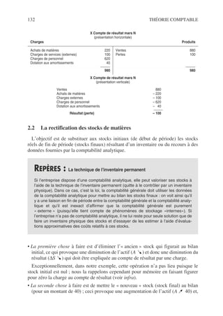 132 THÉORIE COMPTABLE
2.2 La rectification des stocks de matières
L’objectif est de substituer aux stocks initiaux (de début de période) les stocks
réels de fin de période (stocks finaux) résultant d’un inventaire ou du recours à des
données fournies par la comptabilité analytique.
• La première chose à faire est d’éliminer l’« ancien » stock qui figurait au bilan
initial, ce qui provoque une diminution de l’actif (A ) et donc une diminution du
résultat (∆S ) qui doit être expliquée au compte de résultat par une charge.
Exceptionnellement, dans notre exemple, cette opération n’a pas lieu puisque le
stock initial est nul ; nous la rappelons cependant pour mémoire en faisant figurer
pour zéro la charge au compte de résultat (voir infra).
• La seconde chose à faire est de mettre le « nouveau » stock (stock final) au bilan
(pour un montant de 40) ; ceci provoque une augmentation de l’actif (A 40) et,
X Compte de résultat mars N
(présentation horizontale)
Charges Produits
Achats de matières 220
Charges de services (externes) 100
Charges de personnel 620
Dotation aux amortissements 40
980
Ventes 880
Pertes 100
980
X Compte de résultat mars N
(présentation verticale)
Ventes 880
Achats de matières – 220
Charges externes – 100
Charges de personnel – 620
Dotation aux amortissements – 40
Résultat (perte) – 100
REPÈRES : La technique de l’inventaire permanent
Si l’entreprise dispose d’une comptabilité analytique, elle peut valoriser ses stocks à
l’aide de la technique de l’inventaire permanent (quitte à le contrôler par un inventaire
physique). Dans ce cas, c’est la loi, la comptabilité générale doit utiliser les données
de la comptabilité analytique pour mettre au bilan les stocks finaux : on voit ainsi qu’il
y a une liaison en fin de période entre la comptabilité générale et la comptabilité analy-
tique et qu’il est inexact d’affirmer que la comptabilité générale est purement
« externe » (puisqu’elle tient compte de phénomènes de stockage «internes»). Si
l’entreprise n’a pas de comptabilité analytique, il ne lui reste pour seule solution que de
faire un inventaire physique des stocks et d’essayer de les estimer à l’aide d’évalua-
tions approximatives des coûts relatifs à ces stocks.
 