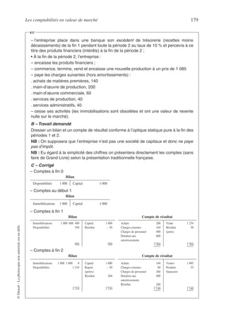 Les comptabilités en valeur de marché 179
©
Dunod
–
La
photocopie
non
autorisée
est
un
délit.
– l’entreprise place dans une banque son excédent de trésorerie (recettes moins
décaissements) de la fin 1 pendant toute la période 2 au taux de 10 % et percevra à ce
titre des produits financiers (intérêts) à la fin de la période 2 ;
• À la fin de la période 2, l’entreprise :
– encaisse les produits financiers ;
– commence, termine, vend et encaisse une nouvelle production à un prix de 1 085
– paye les charges suivantes (hors amortissements) :
. achats de matières premières, 140
. main-d’œuvre de production, 200
. main-d’œuvre commerciale, 60
. services de production, 40
. services administratifs, 40
– cesse ses activités (les immobilisations sont obsolètes et ont une valeur de revente
nulle sur le marché).
B – Travail demandé
Dresser un bilan et un compte de résultat conforme à l’optique statique pure à la fin des
périodes 1 et 2.
NB : On supposera que l’entreprise n’est pas une société de capitaux et donc ne paye
pas d’impôt.
NB : Eu égard à la simplicité des chiffres on présentera directement les comptes (sans
faire de Grand Livre) selon la présentation traditionnelle française.
C – Corrigé
– Comptes à fin 0
– Comptes au début 1
– Comptes à fin 1
– Comptes à fin 2
Bilan
Disponibilités 1 000 Capital 1 000
Bilan
Immobilisations 1 000 Capital 1 000
Bilan Compte de résultat
Immobilisations 1 000 600 400
Disponibilités 550
950
Capital 1 000
Résultat – 50
950
Achats 200
Charges externes 104
Charges de personnel 400
Dotation aux 600
amortissements
1 304
Vente 1 254
Résultat 50
(perte)
1 304
Bilan Compte de résultat
Immobilisations 1 000 1 000 0
Disponibilités 1 210
1 210
Capital 1 000
Report – 50
(pertes)
Résultat 260
1 210
Achats 140
Charges externes 80
Charges de personnel 260
Dotation aux 400
amortissements
Résultat 260
1 140
Ventes 1 085
Produits 55
financiers
1 140
☞
 