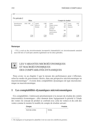192 THÉORIE COMPTABLE
Remarque
– S’il y avait eu des investissements incorporels (immatériels) ces investissements auraient
aussi été mis à l’actif puis amortis également sur les deux périodes.
LES VARIANTES MICROÉCONOMIQUES
ET MACROÉCONOMIQUES
DES COMPTABILITÉS DYNAMIQUES
Nous avons vu au chapitre 2 que la mesure des performances peut s’effectuer,
selon les modes de gouvernance choisis, dans une perspective microéconomique ou
macroéconomique1 : il existe donc comptabilités dynamiques de type microécono-
mique ou macroéconomique.
1 Les comptabilités dynamiques microéconomiques
Ces comptabilités s’intéressent prioritairement à la mesure du résultat des entités
(microentités) économiques ; elles donnent donc logiquement la priorité à l’étude
des ventes (le concept de produit se confond avec celui de ventes) et du coût des
ventes comme le montre le modèle de compte de résultat suivant :
1. On négligera ici la perspective planifiée (voir un cours de contrôle de gestion).
Charges Produits
Coût des ventes Ventes
☞
Fin période 2
Bilan Compte de résultat
Immobilisations 1 000 1 000 0
Disponibilités 1 210
1 210
Capital 1 000
Réserves 50
Résultat 160
1 210
Achats 140
Charges externes 80
Charges de 260
personnel
Dotation aux 500
amortissements
Résultat 160
1 140
Ventes 1 085
Produits 55
financiers
1 140
Section
4
 