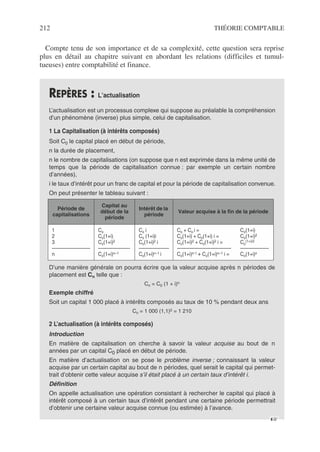 212 THÉORIE COMPTABLE
Compte tenu de son importance et de sa complexité, cette question sera reprise
plus en détail au chapitre suivant en abordant les relations (difficiles et tumul-
tueuses) entre comptabilité et finance.
REPÈRES : L’actualisation
L’actualisation est un processus complexe qui suppose au préalable la compréhension
d’un phénomène (inverse) plus simple, celui de capitalisation.
1 La Capitalisation (à intérêts composés)
Soit C0 le capital placé en début de période,
n la durée de placement,
n le nombre de capitalisations (on suppose que n est exprimée dans la même unité de
temps que la période de capitalisation connue : par exemple un certain nombre
d’années),
i le taux d’intérêt pour un franc de capital et pour la période de capitalisation convenue.
On peut présenter le tableau suivant :
D’une manière générale on pourra écrire que la valeur acquise après n périodes de
placement est Cn telle que :
Cn = C0 (1 + i)n
Exemple chiffré
Soit un capital 1 000 placé à intérêts composés au taux de 10 % pendant deux ans
Cn = 1 000 (1,1)2 = 1 210
2 L’actualisation (à intérêts composés)
Introduction
En matière de capitalisation on cherche à savoir la valeur acquise au bout de n
années par un capital C0 placé en début de période.
En matière d’actualisation on se pose le problème inverse ; connaissant la valeur
acquise par un certain capital au bout de n périodes, quel serait le capital qui permet-
trait d’obtenir cette valeur acquise s’il était placé à un certain taux d’intérêt i.
Définition
On appelle actualisation une opération consistant à rechercher le capital qui placé à
intérêt composé à un certain taux d’intérêt pendant une certaine période permettrait
d’obtenir une certaine valeur acquise connue (ou estimée) à l’avance.
Période de
capitalisations
Capital au
début de la
période
Intérêt de la
période
Valeur acquise à la fin de la période
1
2
3
------------------------
n
Co
Co(1+i)
Co(1+i)2
--------------------
Co(1+i)n–1
Co i
Co (1+i)i
Co(1+i)2 i
-------------------
Co(1+i)n–1 i
Co + Co i =
Co(1+i) + Co(1+i) i =
Co(1+i)2 + Co(1+i)2 i =
----------------------------------
Co(1+i)n-1 + Co(1+i)n–1 i =
Co(1+i)
Co(1+i)2
Co
(1+i)3
------------------
Co(1+i)n
☞
 