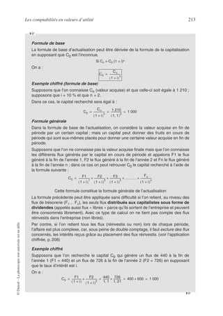Les comptabilités en valeurs d’utilité 213
©
Dunod
–
La
photocopie
non
autorisée
est
un
délit.
Formule de base
La formule de base d’actualisation peut être dérivée de la formule de la capitalisation
en supposant que C0 est l’inconnue.
Si Cn = C0 (1 + i)n
On a :
Exemple chiffré (formule de base)
Supposons que l’on connaisse Cn (valeur acquise) et que celle-ci soit égale à 1 210 ;
supposons que i = 10 % et que n = 2.
Dans ce cas, le capital recherché sera égal à :
Formule générale
Dans la formule de base de l’actualisation, on considère la valeur acquise en fin de
période par un certain capital ; mais un capital peut donner des fruits en cours de
période qui sont eux-mêmes placés pour donner une certaine valeur acquise en fin de
période.
Supposons que l’on ne connaisse pas la valeur acquise finale mais que l’on connaisse
les différents flux générés par le capital en cours de période et appelons F1 le flux
généré à la fin de l’année 1, F2 le flux généré à la fin de l’année 2 et Fn le flux généré
à la fin de l’année n ; dans ce cas on peut retrouver C0 le capital recherché à l’aide de
la formule suivante :
Cette formule constitue la formule générale de l’actualisation
La formule précédente peut être appliquée sans difficulté si l’on retient, au niveau des
flux de trésorerie (F1… Fn), les seuls flux distribués aux capitalistes sous forme de
dividendes (appelés aussi flux « libres » parce qu’ils sortent de l’entreprise et peuvent
être consommés librement). Avec ce type de calcul on ne tient pas compte des flux
réinvestis dans l’entreprise (non libres).
Par contre, si l’on retient tous les flux (réinvestis ou non) lors de chaque période,
l’affaire est plus complexe, car, sous peine de double comptage, il faut exclure des flux
concernés, les intérêts reçus grâce au placement des flux réinvestis. (voir l’application
chiffrée, p. 208)
Exemple chiffré
Supposons que l’on recherche le capital C0 qui génère un flux de 440 à la fin de
l’année 1 (F1 = 440) et un flux de 726 à la fin de l’année 2 (F2 = 726) en supposant
que le taux d’intérêt est i.
On a :
☞
C0
Cn
1 i
+
( )
n
-----------------
-
=
C0
Cn
1 i
+
( )
n
-----------------
- 1 210
1 1
,
( )
2
----------------
- 1 000
= = =
C0
F1
1 i
+
( )
1
-----------------
- F2
1 i
+
( )
2
-----------------
- F3
1 i
+
( )
3
-----------------
- ………
Fn
1 i
+
( )
n
-----------------
-
+ + + +
=
C0
F1
1 i
+
( )
--------------- F2
1 i
+
( )
2
-----------------
-
+ 440
1 1
,
---------
- 726
1 21
,
------------
-
+ 400 600
+ 1 000
= = = =
☞
 